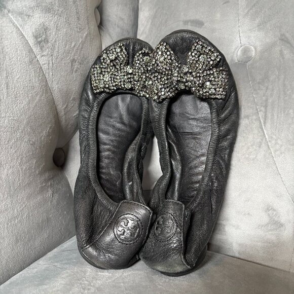 Tory Burch Eddie Bow Ballet Flats Black Leather Crystal – Women’s - Picture 2 of 5